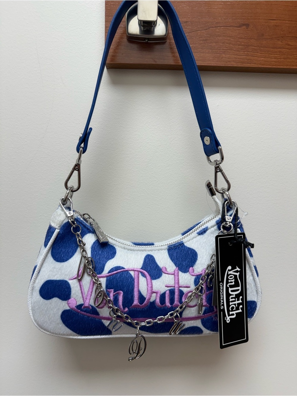 Von Dutch Blue & White Cowprint Shoulder Bag with Pink Logo Embroidery
